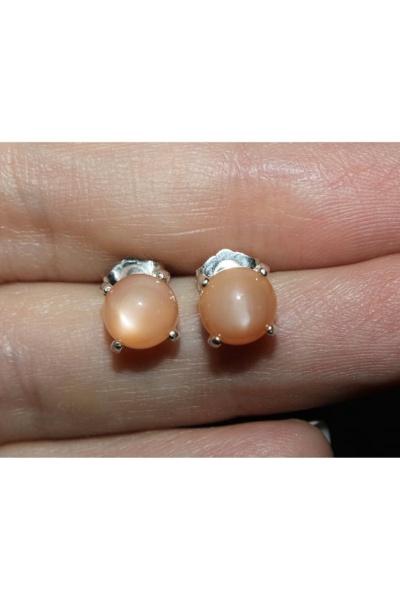 Natural 7mm Round Cabochon Orange Moonstone Sterling Silver Earrings N7RCOMSSE