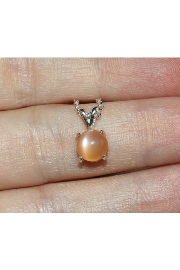 Natural 7mm Round Cabochon Orange Moonstone Sterling Silver Necklace N7RCOMSSN