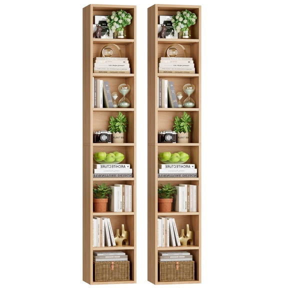 Natural 8-Tier Narrow Bookshelf 11.6 X 9.3 X 70.9 Inch Tall Slim Media Tower With Adjustable Shelves For Home Office