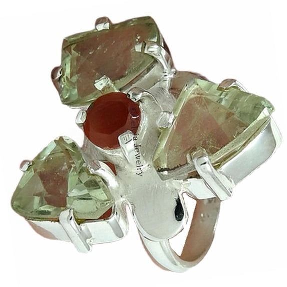 Natural 925 Fine Silver Jewelry, Genuine Green Amethyst & Carnelian Tribal Ring, Womens Designer Handmade Ring, Stackable Ring, Antique Multi Stone Ring, Wedding Ring, Mothers Day Gifts (7)
