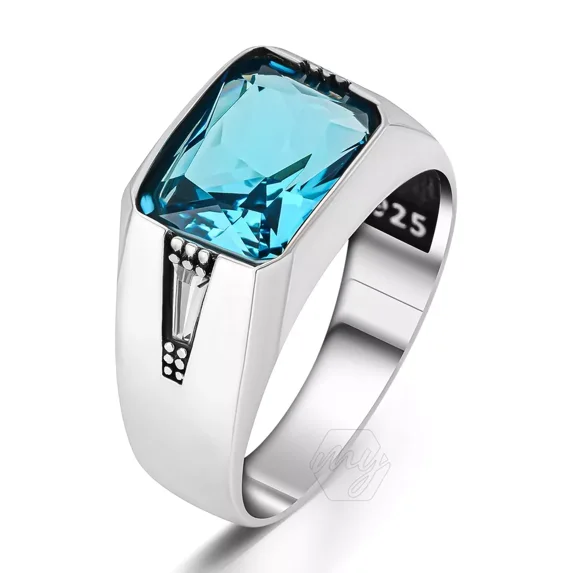 Natural 925 Sterling Silver Aquamarine Stone Turkish Men's RingMarch birthstone Father's Day gift