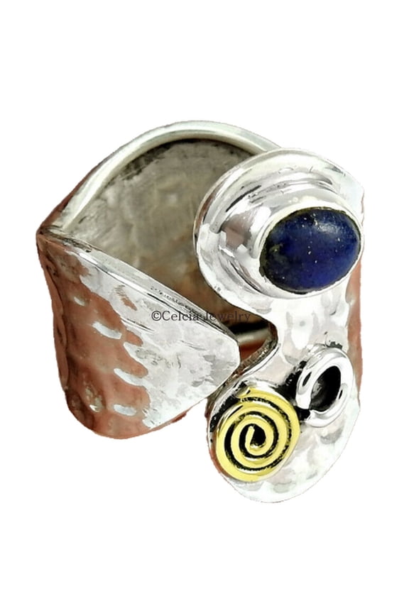 Natural 925 Sterling Silver, Lapis Lazuli Genuine Gemstone Super Ring, Adjustable Ring, Unisex Unique Designing Band Ring, Stylish Ring, Valentines Day Gifts, Two Tone Ring (lapis-lazuli, 7)