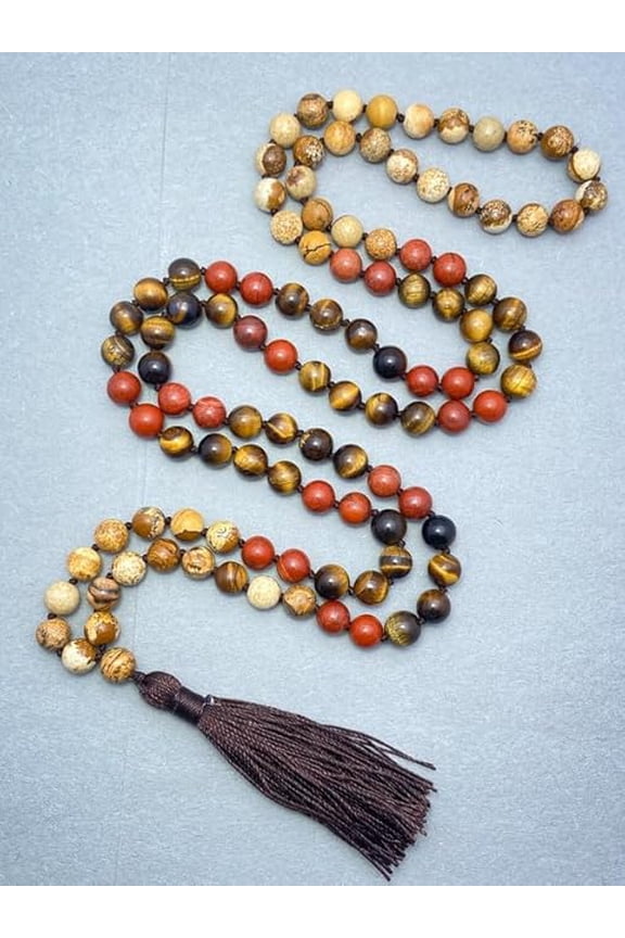 Natural AAA Tiger's Eye & Jasper 108 Beads Necklace 8mm Knotted Grounding Healing Tassel Spiritual Protection Meditation Mental Health Japa Mala