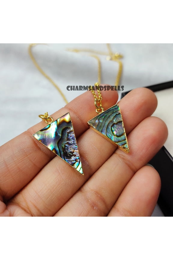 Natural Abalone Necklace, Abalone Triangle Necklace, Shell Necklace, Electroplated Abalone Jewelry, Gemstone Necklace, Christmas Gift, Sale