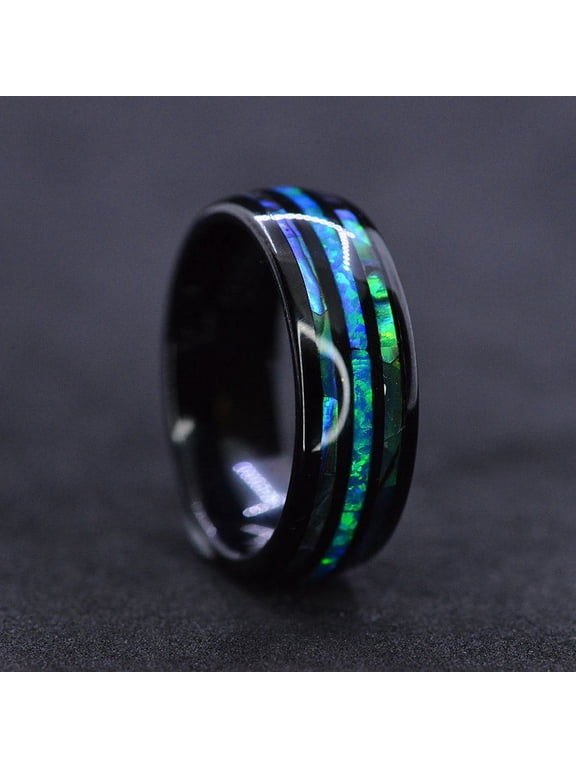 Natural Abalone Shell Blue Opal Men's Black Tungsten Ring, Size 11