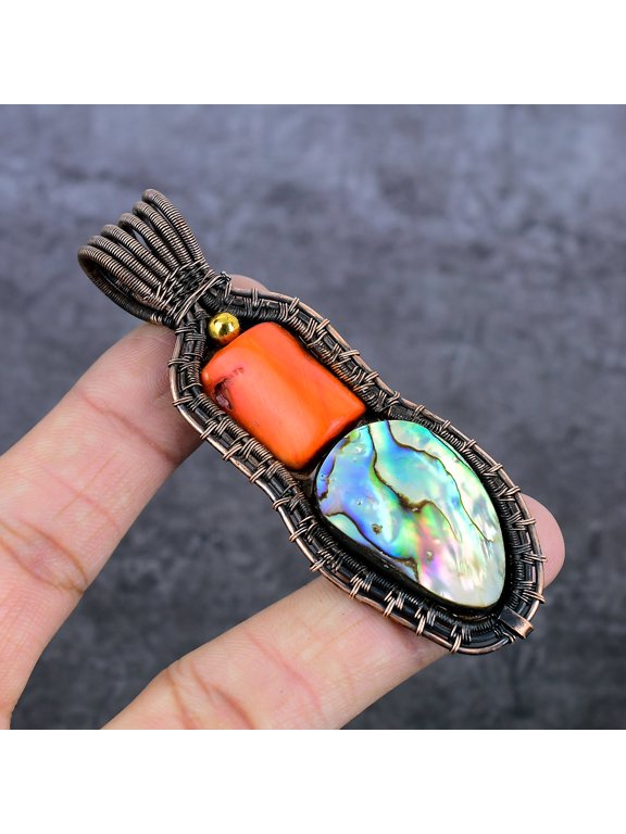 Natural Abalone Shell, Coral Copper Wire Wrap Jewelry Pendant 3.39"