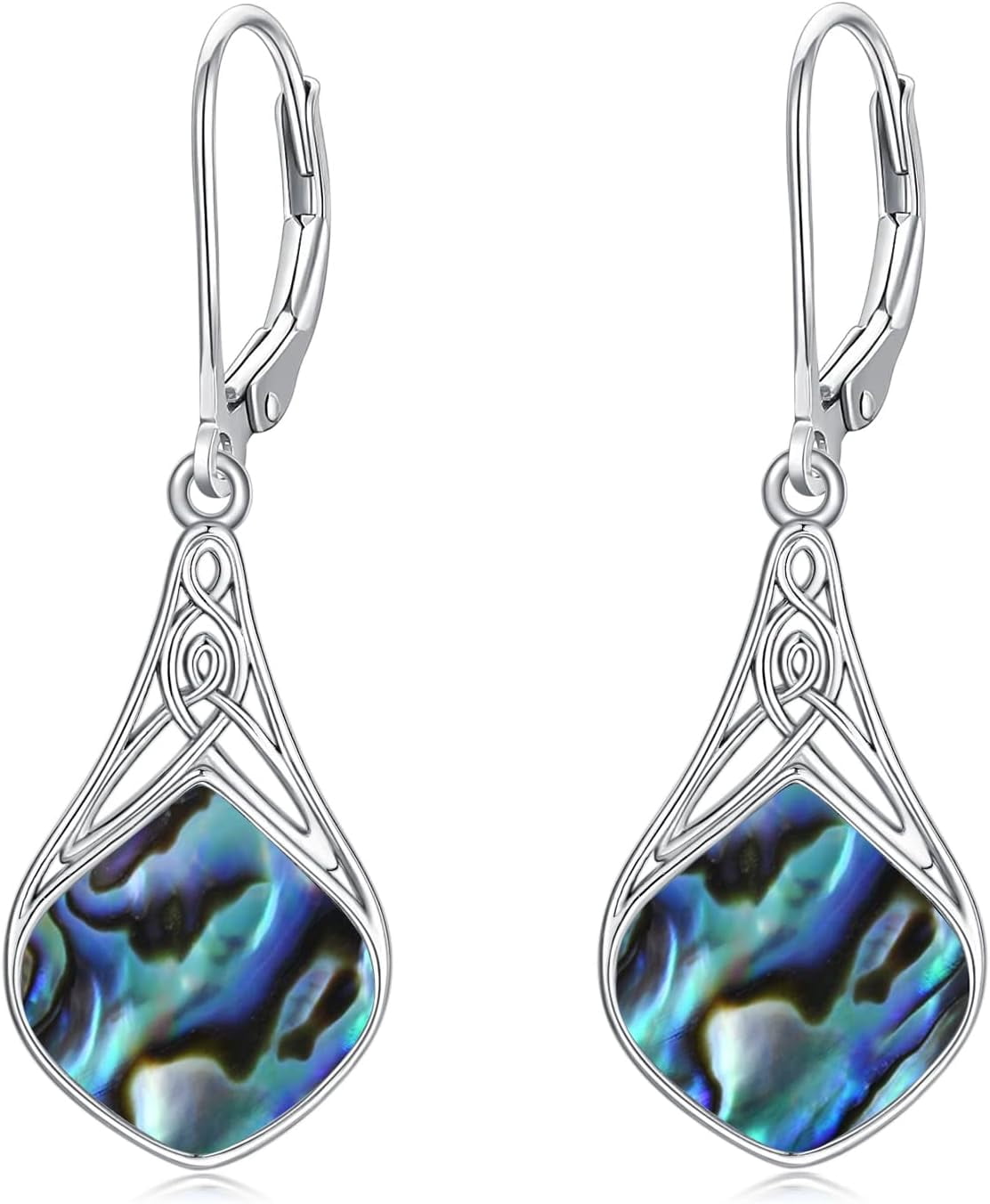 Natural Abalone Shell Earrings 925 Sterling Silver Celtic Knot Teardrop Abalone Shell Dangle Drop Earrings Irish Jewelry Gifts for Women