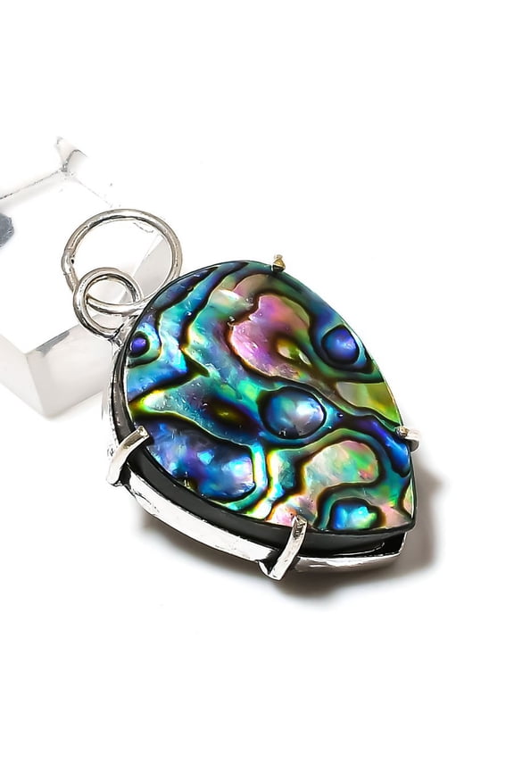 Natural Abalone Shell Gemstone 925 Sterling Silver Gift Pendant 1.77"