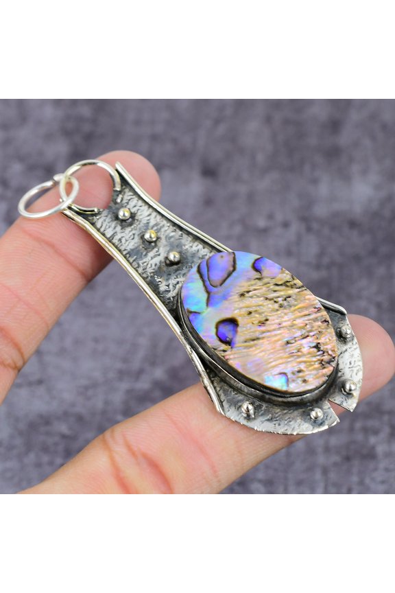 Natural Abalone Shell Gemstone 925 Sterling Silver Gift Pendant 2.89"
