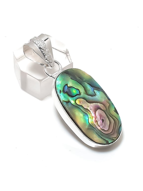 Natural Abalone Shell Gemstone 925 Sterling Silver Jewelry Pendant 1.85"