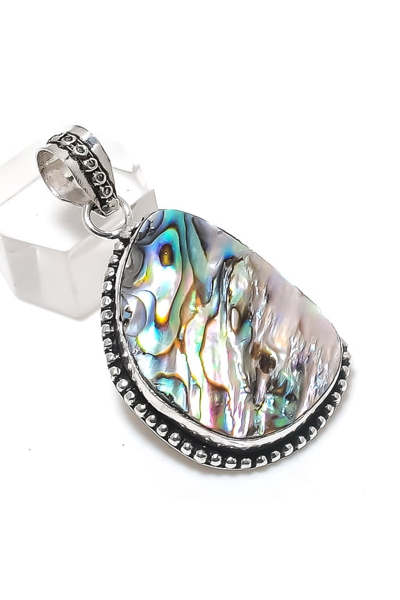 Natural Abalone Shell Gemstone 925 Sterling Silver Jewelry Pendant 1.89"