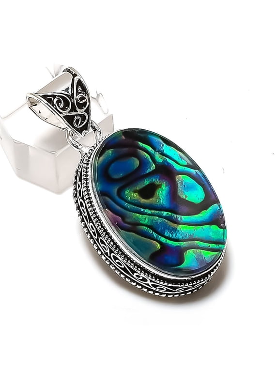 Natural Abalone Shell Gemstone 925 Sterling Silver Jewelry Pendant 1.89"