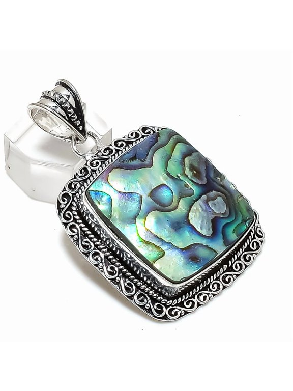 Natural Abalone Shell Gemstone 925 Sterling Silver Jewelry Pendant 2.17"