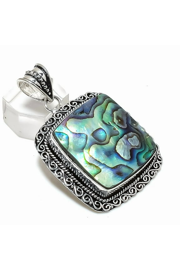 Natural Abalone Shell Gemstone 925 Sterling Silver Jewelry Pendant 2.17"