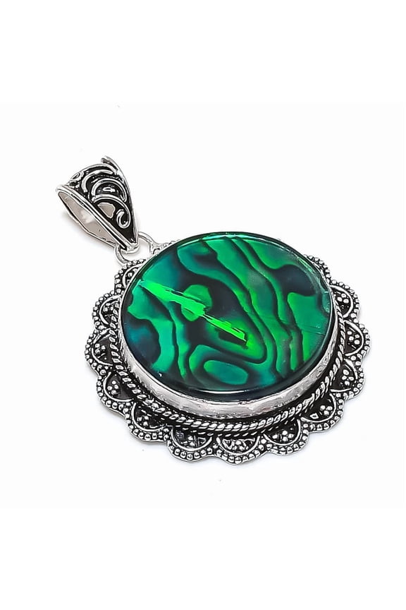 Natural Abalone Shell Gemstone 925 Sterling Silver Jewelry Pendant 2.17"