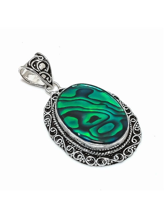 Natural Abalone Shell Gemstone 925 Sterling Silver Jewelry Pendant 2.21"