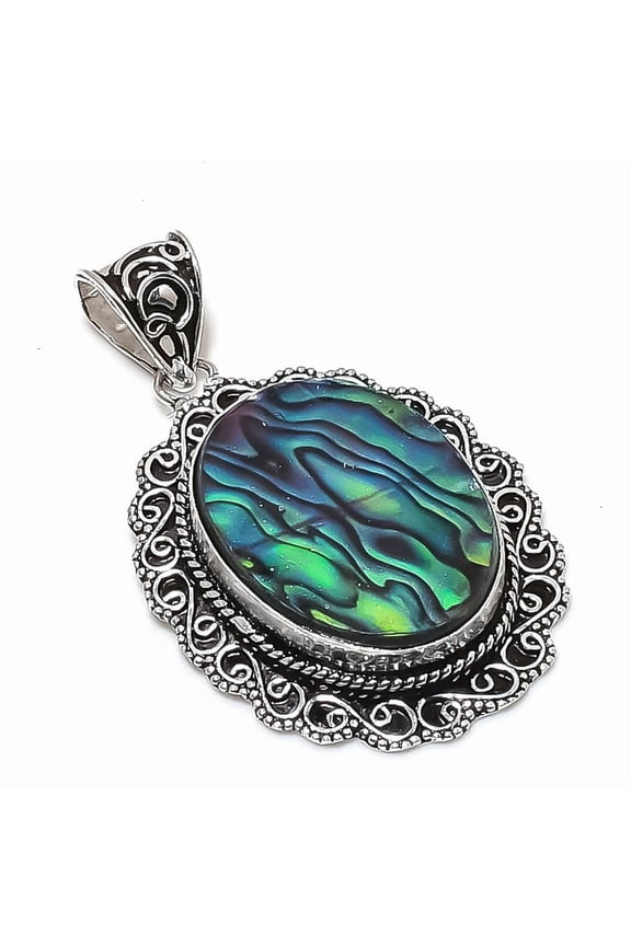 Natural Abalone Shell Gemstone 925 Sterling Silver Jewelry Pendant 2.25"