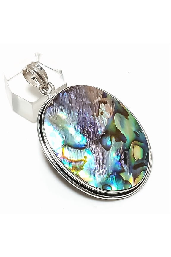 Natural Abalone Shell Gemstone 925 Sterling Silver Jewelry Pendant 2.29"