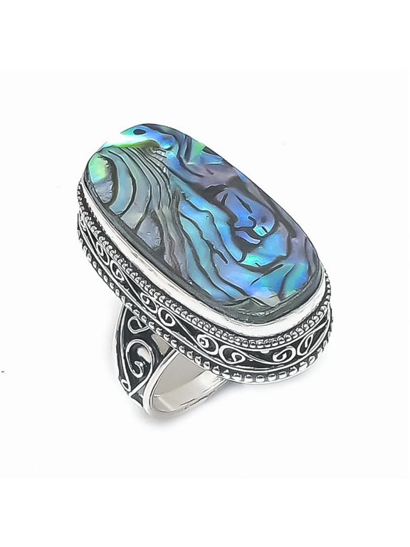 Natural Abalone Shell Gemstone 925 Sterling Silver Jewelry Ring Size 9