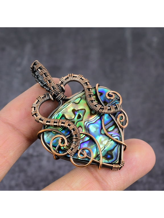 Natural Abalone Shell Gemstone Copper Wire Wrap Jewelry Pendant 2.17"