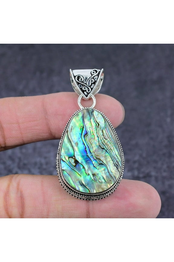 Natural Abalone Shell Gemstone Handmade 925 Sterling Silver Pendant 2.05"