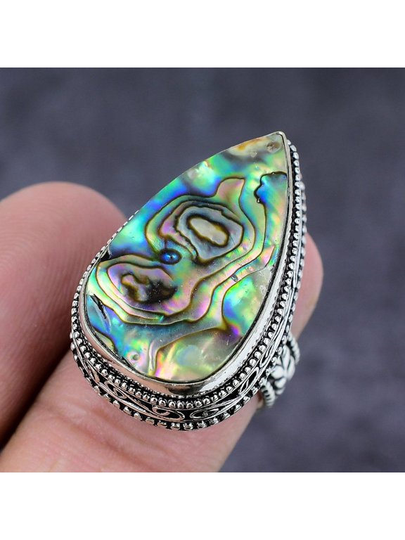 Natural Abalone Shell Gemstone Handmade 925 Sterling Silver Ring Size 10