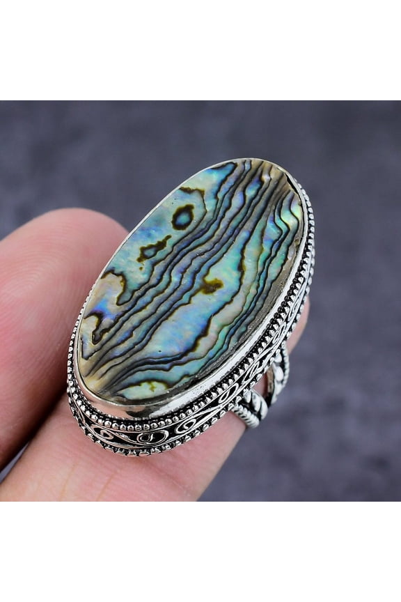 Natural Abalone Shell Gemstone Handmade 925 Sterling Silver Ring Size 6