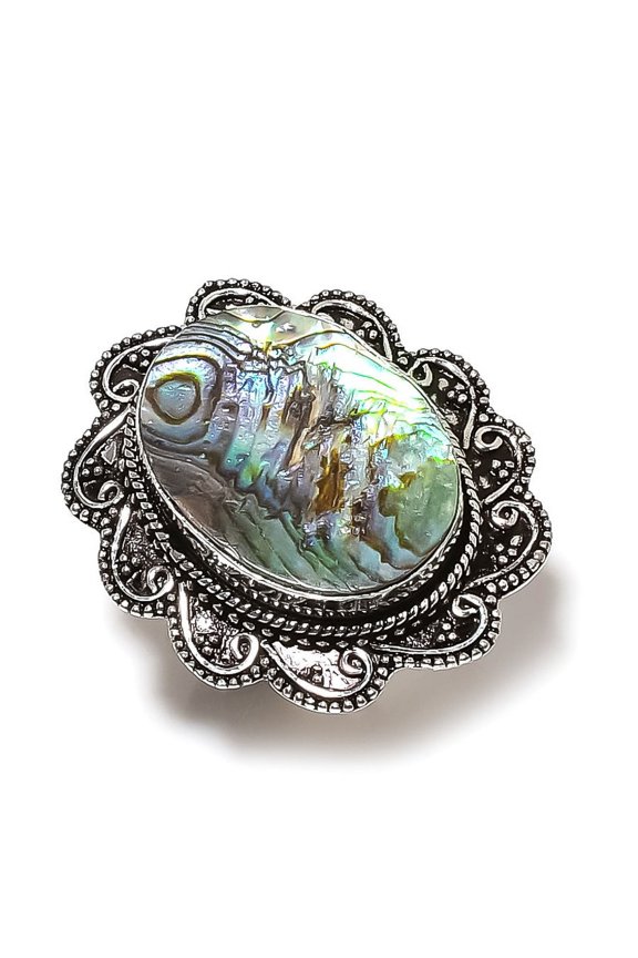 Natural Abalone Shell Gemstone Handmade 925 Sterling Silver Ring Size 7.5