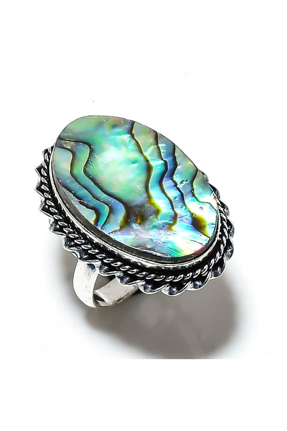 Natural Abalone Shell Gemstone Handmade 925 Sterling Silver Ring Size 7.5