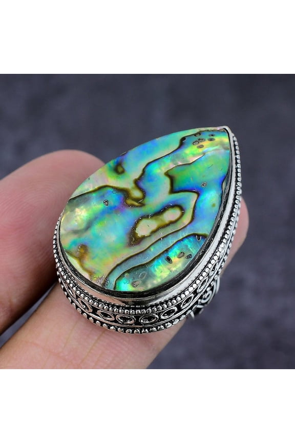 Natural Abalone Shell Gemstone Handmade 925 Sterling Silver Ring Size 7