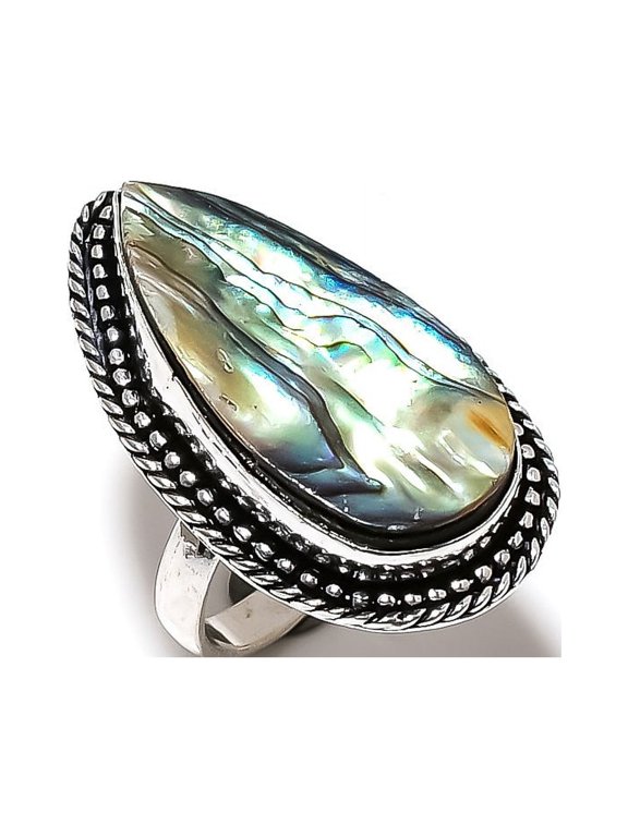 Natural Abalone Shell Gemstone Handmade 925 Sterling Silver Ring Size 8
