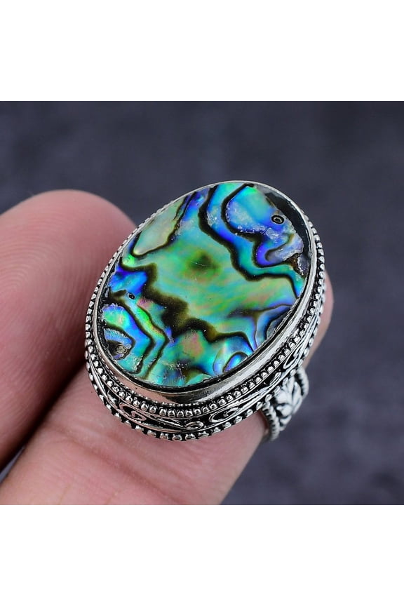 Natural Abalone Shell Gemstone Handmade 925 Sterling Silver Ring Size 8