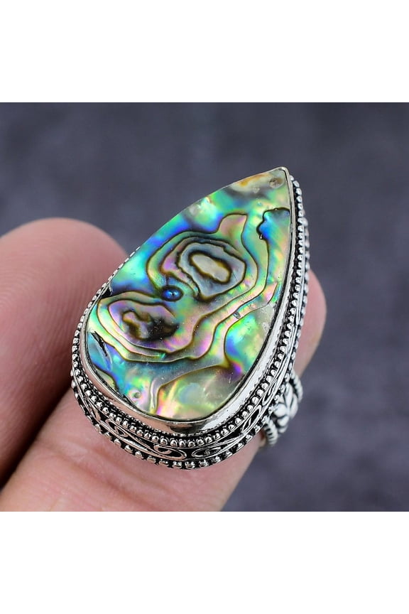 Natural Abalone Shell Gemstone Handmade 925 Sterling Silver Ring Size 8