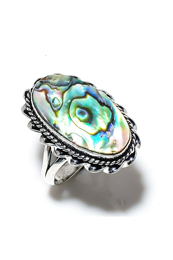 Natural Abalone Shell Gemstone Handmade 925 Sterling Silver Ring Size 9.5