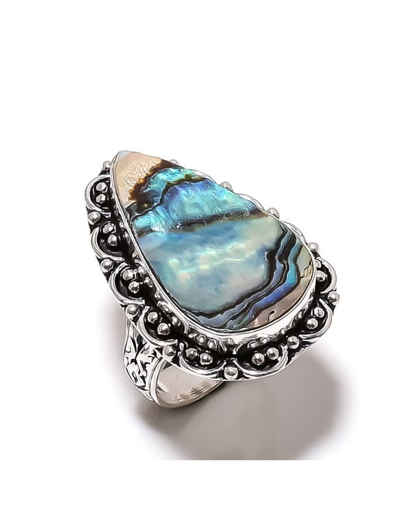 Natural Abalone Shell Gemstone Handmade 925 Sterling Silver Ring Size 9
