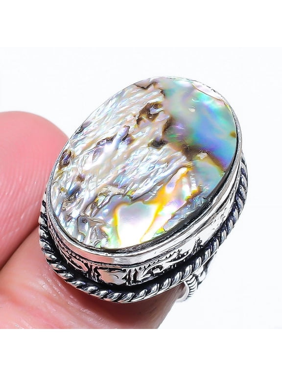 Natural Abalone Shell Gemstone Handmade 925 Sterling Silver Ring Size 9