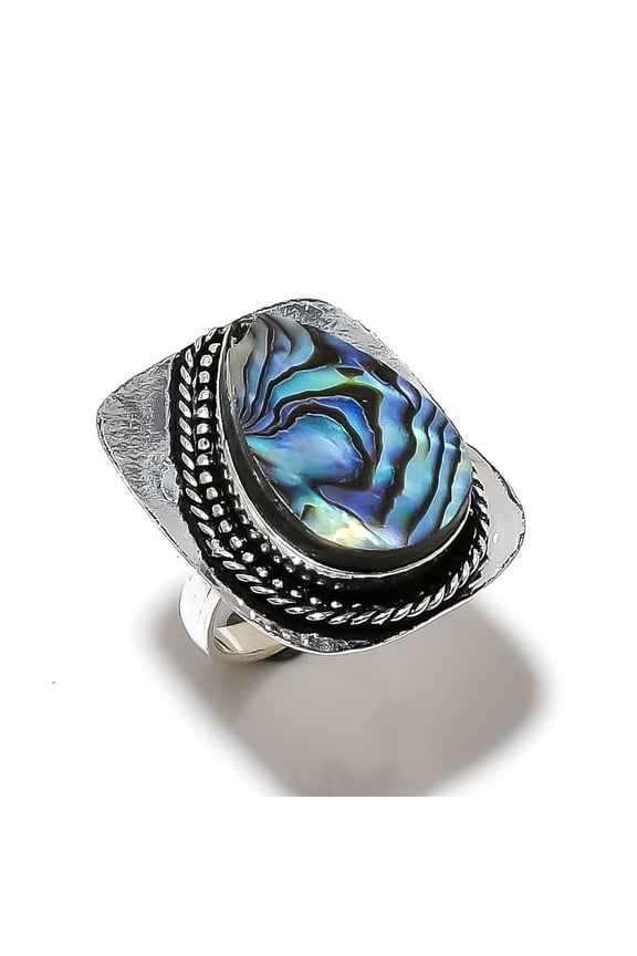 Natural Abalone Shell Gemstone Handmade 925 Sterling Silver Ring Size 9