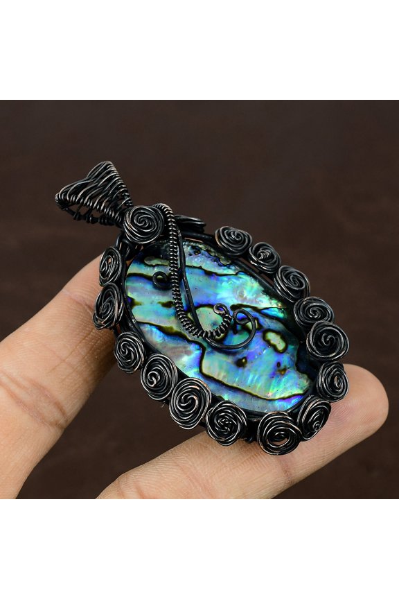 Natural Abalone Shell Gemstone Handmade Copper Wire Wrapped Pendant 2.8"