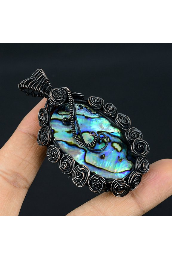 Natural Abalone Shell Gemstone Handmade Copper Wire Wrapped Pendant 2.8"