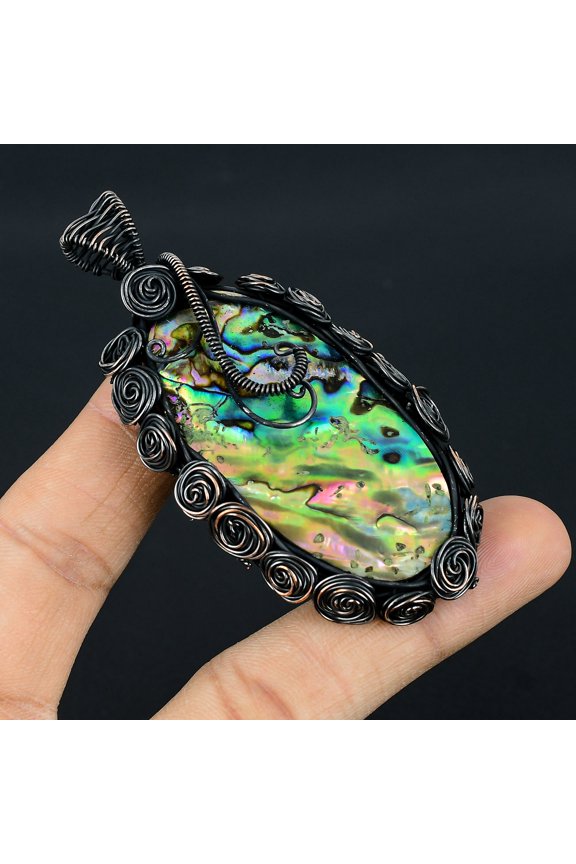 Natural Abalone Shell Gemstone Handmade Copper Wire Wrapped Pendant 3.3"