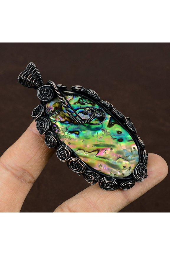 Natural Abalone Shell Gemstone Handmade Copper Wire Wrapped Pendant 3.3"