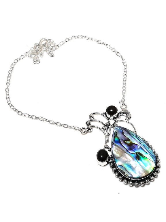 Natural Abalone Shell, Onyx Handmade 925 Sterling Silver Necklace 18"