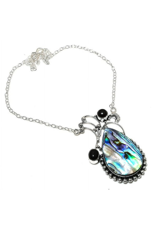 Natural Abalone Shell, Onyx Handmade 925 Sterling Silver Necklace 18"