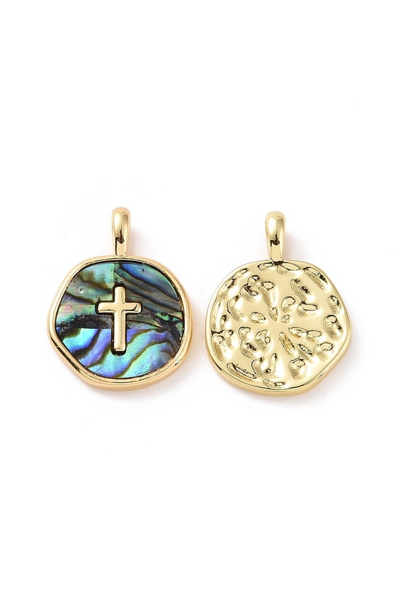 Natural Abalone Shell/Paua Shell Pendants with Real 18K golden Plated Brass Findings Cadmium Free Lead Free Long-Lasting Plated Flat Round Charm Pattern 18x13.5x2mm Hole: 2x3mm