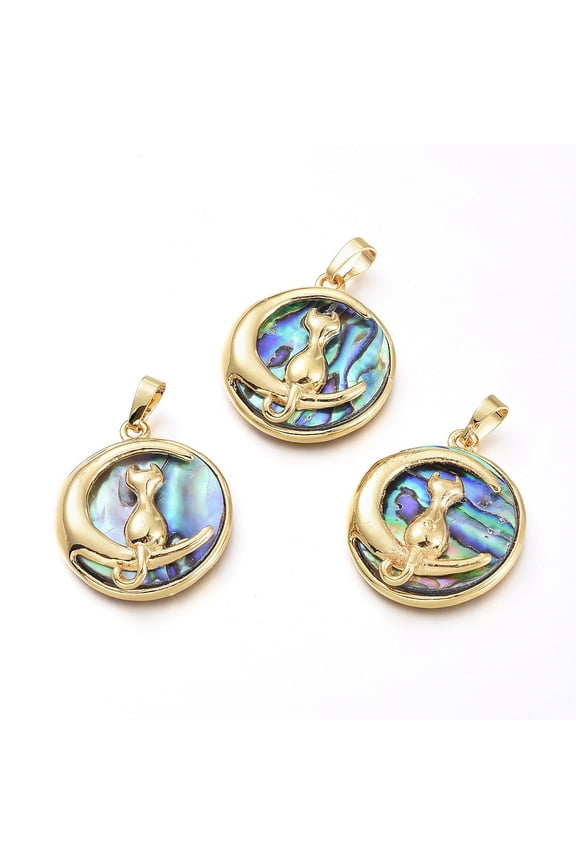 Natural Abalone Shell/Paua Shell Pendants with Brass Findings Flat Round with Moon & Cat Shape Golden 31.5x27.5x8.5mm Hole: 4.5x7mm