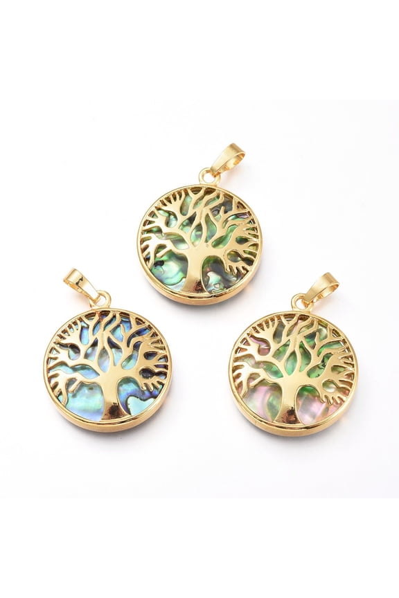 Natural Abalone Shell/Paua Shell Pendants with Brass Findings Flat Round with Tree of Life Golden 31.5x27.5x6mm Hole: 4.5x7mm