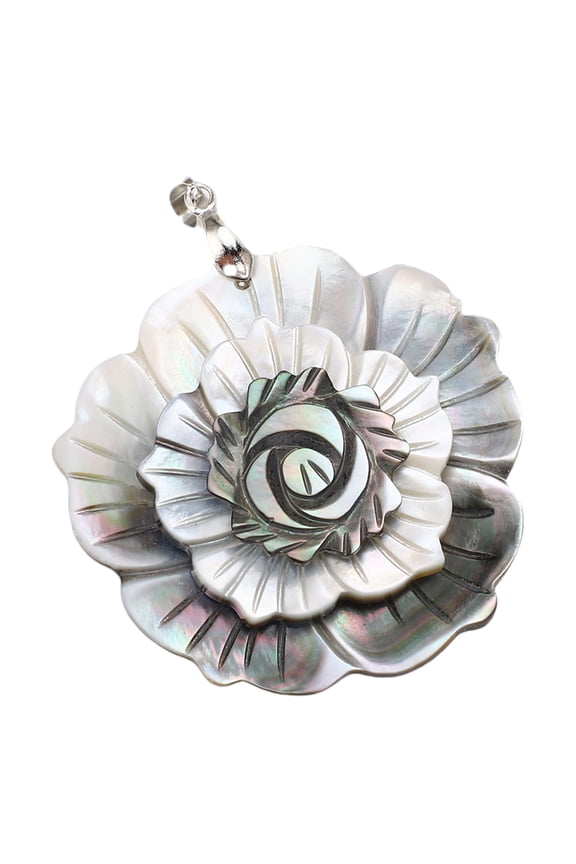 Natural Abalone Shell Pendant Handmade 3-Layered Flower Necklace Seashell Jewelry Decoration Gift, Mysterious Silver Black Floral Charms, 10.0 x 7.0 in / 25.4 x 17.8 cm