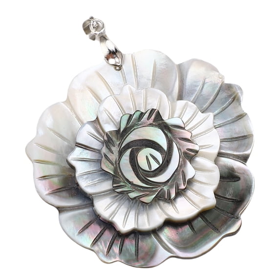 Natural Abalone Shell Pendant Handmade 3-Layered Flower Necklace Seashell Jewelry Decoration Gift, Mysterious Silver Black Floral Charms, 10.0 x 7.0 in / 25.4 x 17.8 cm