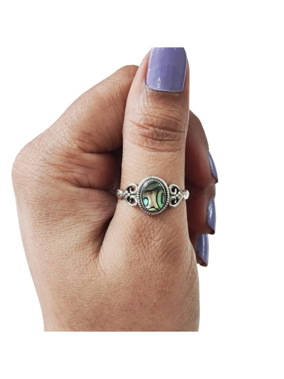 Natural Abalone Shell Ring, Flat Abalone Shell Gemstone Ring, Tiny Bohemian Ring, 925 Sterling Silver, Designer Womens Ring, Christmas Thanksgiving, Handmade Statement Jewelry, Natural Shell
