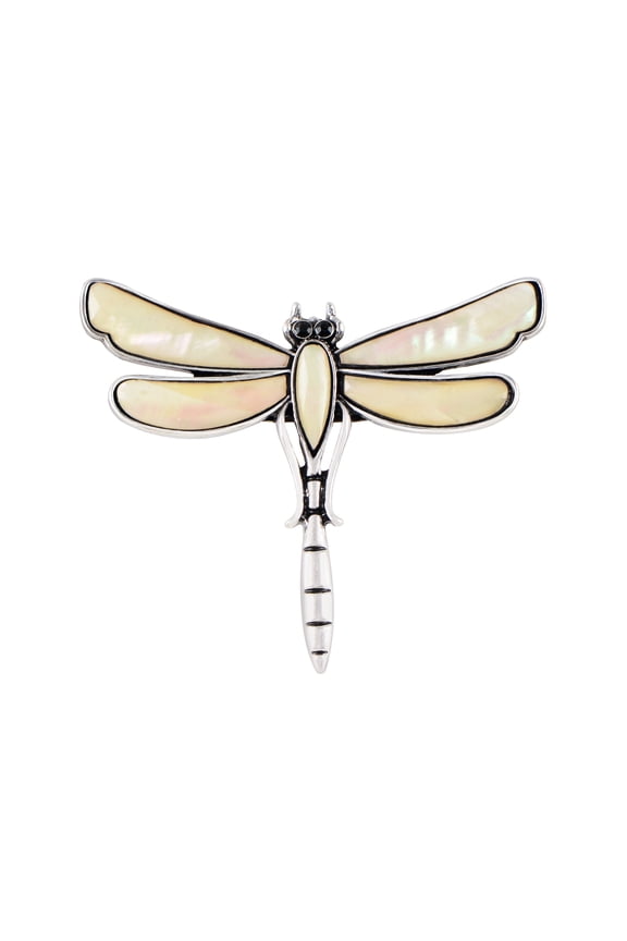 Natural Abalone Shell Silver Tone Alloy Dragonfly Insect Versatile Fashion Brooch Pin, White